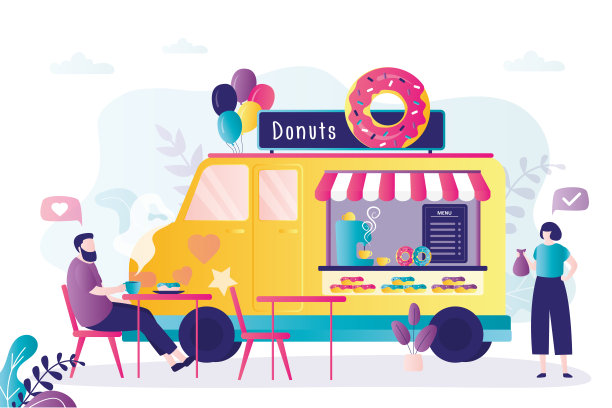 男人在街边咖啡馆买咖啡和甜甜圈，可爱女人在餐车购买糕点图片下载
