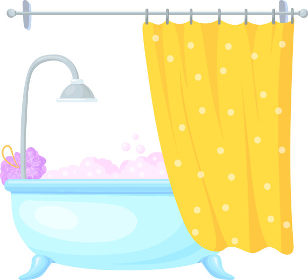 满是泡沫的浴缸后面的窗帘卡通图片下载