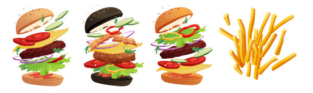 美味的飞行汉堡，辣椒，番茄，奶酪，黄瓜，肉，洋葱，番茄酱和沙拉。红盒子里的炸土豆。快餐,垃圾。与芝麻包。卡通矢量插图。图片下载
