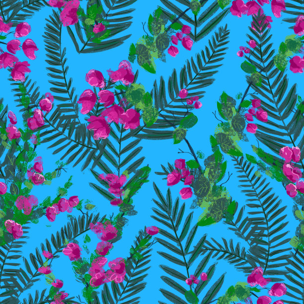 无缝图案与热带三角梅和棕榈叶在明亮的蓝色背景。图片下载