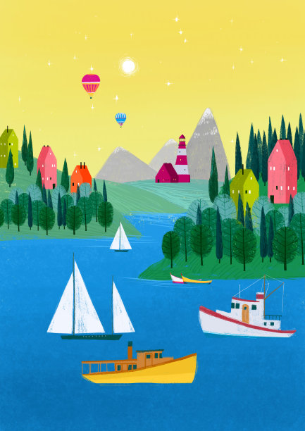 蓝色的大海，白色的帆船，多彩的小镇，灯塔和森林。图片下载