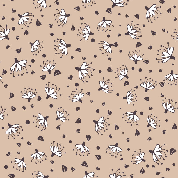 复古风花卉无缝图案矢量素材，米色背景上的白色小花和树叶图片下载