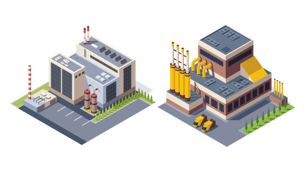 收集等距工厂。带有烟囱塔或管道的工业厂房概念。工业建筑物建造。3d孤立的图标设置。制造业住宅建筑图片下载