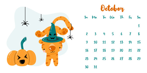 日历2022年10月与可爱的卡通老虎和万圣节南瓜图片下载