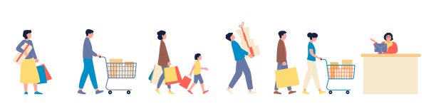 商店排队。人们带着买的东西到收银台排队，人们排着队。杂货铺人物，女人等付钱男人，平面漫画最近矢量场景图片下载