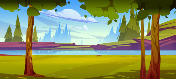 夏季的景观有河流、岩石岸、树木图片下载