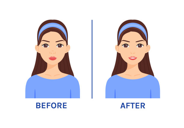 大鼻子的漂亮女人。矫形整形外科。之前。美丽的小鼻子和快乐的女士。微笑的脸。卡通风格。白色背景。医学设计矢量插图图片下载