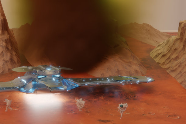 火星上的男女在沙尘暴中探索宇宙飞船旁边的奥林匹斯山图片下载