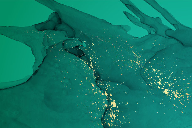 水彩背景与抽象的绿色墨波和金色飞溅。图片下载