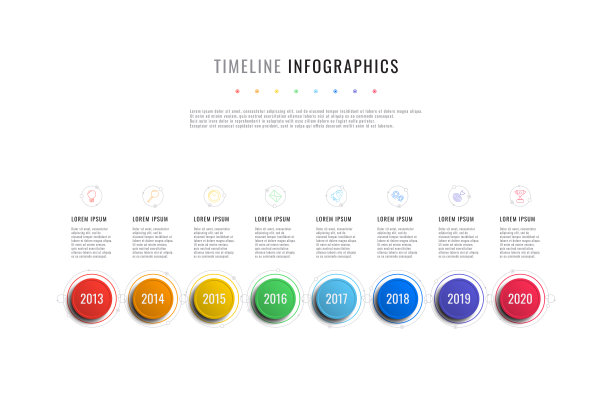 水平时间轴信息图与圆形元素，年指标和白色背景上的文本框。逼真的3d剪纸设计。现代矢量公司演示幻灯片模板图片下载