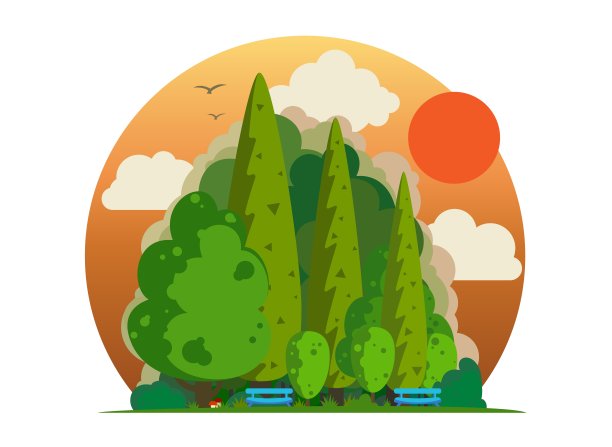 森林公园，晚上有长凳和树木。自然景观的平面风格。图片下载