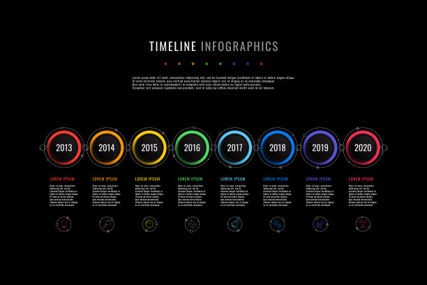 水平时间轴信息图与圆形元素，年份指示和黑色背景上的文本框。逼真的3d剪纸设计。现代矢量公司演示幻灯片模板。每股收益10图片下载