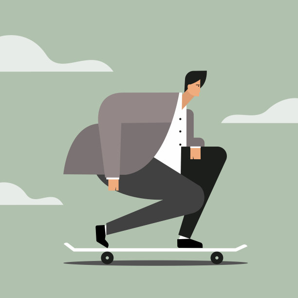 年轻的商人在天空背景下滑滑板图片下载