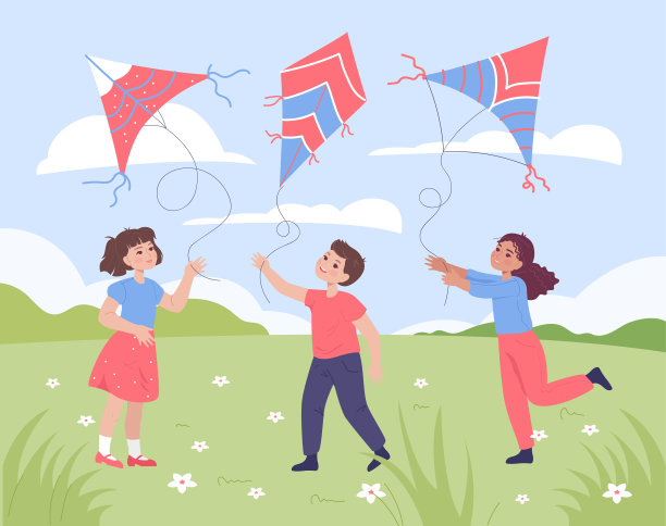 孩子在草坪上放风筝平坦的矢量插图图片下载