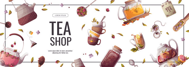 传单设计与茶壶，罐松散的茶，茶杯。茶馆、休息、咖啡吧图片下载