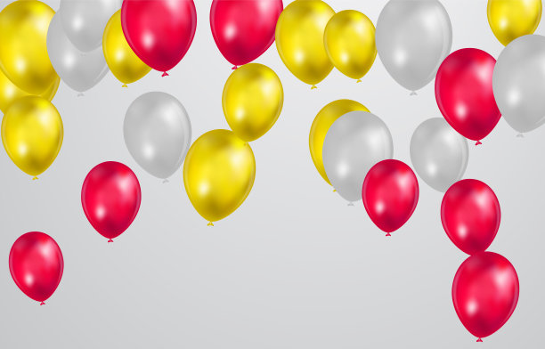 白色背景上撒着五彩纸屑的金色和红色的气球。庆典背景设计。图片下载