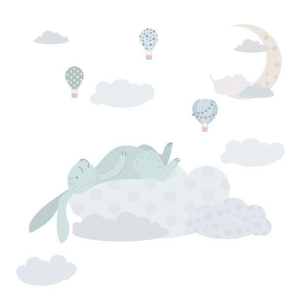可爱的兔子在云朵上睡觉。一只灰色的兔子躲在云层里。气球和飞艇。儿童插图，可爱的打印，矢量。孤立在一个白色的背景。图片下载