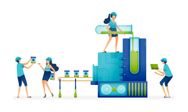 工厂和制造商通过操作大规模工业机器来处理和生产covid - 19病毒的说明。可以用于登陆页面，网页，网站，横幅，名片，应用程序图片下载