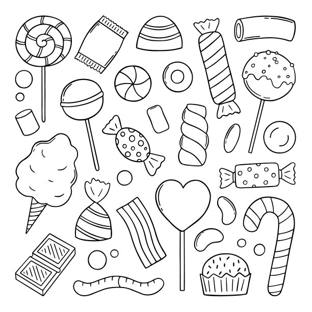 手绘糖果和糖果涂鸦集。棒棒糖，焦糖，巧克力，棉花糖的素描风格。矢量插图孤立在白色背景上。图片下载