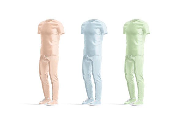 空白彩色运动服与v领t恤和裤子的模型图片下载