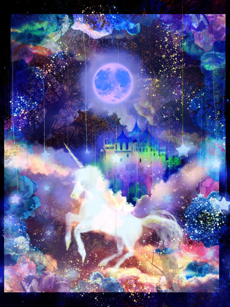 中世纪欧洲城堡的艺术，飞翔的鸽子或独角兽在云海中，星星和新月在夜空中闪耀图片下载