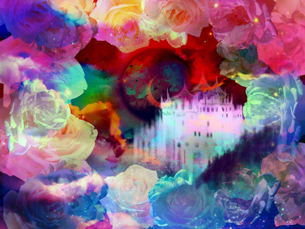 中世纪欧洲城堡的艺术，飞翔的鸽子或独角兽在云海中，星星和新月在夜空中闪耀图片下载