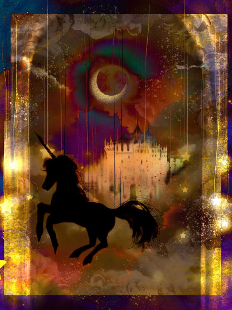 中世纪欧洲城堡的艺术，飞翔的鸽子或独角兽在云海中，星星和新月在夜空中闪耀图片下载