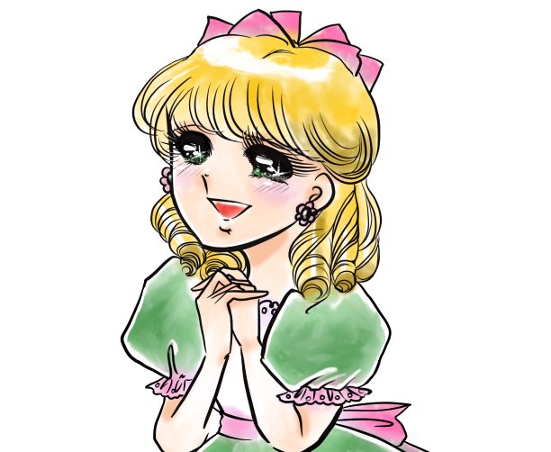 彩色插图为70年代的少女漫画与美丽的金发垂直卷在微笑和说话的女孩。图片下载