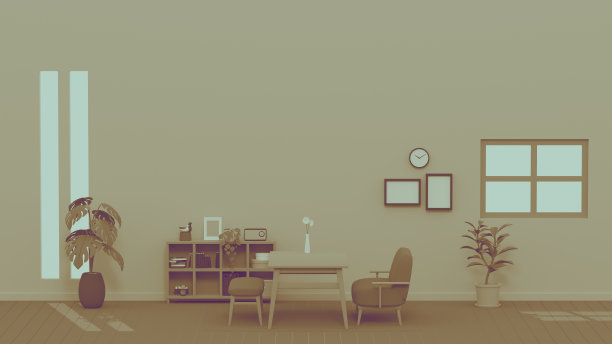 由三维插画构成的怀旧室内意象。图片下载