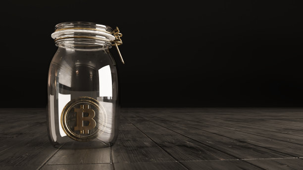 装满比特币的罐子在黑色和木制背景。一瓶比特币。金融概念图片下载