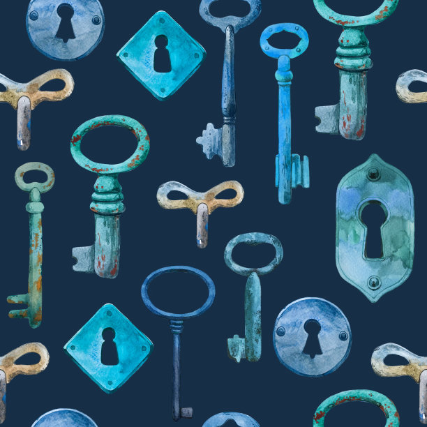 水彩套手绘古董铁钥匙和钥匙孔。插图在画的风格上深蓝色的背景。旧的设计对象。图片下载