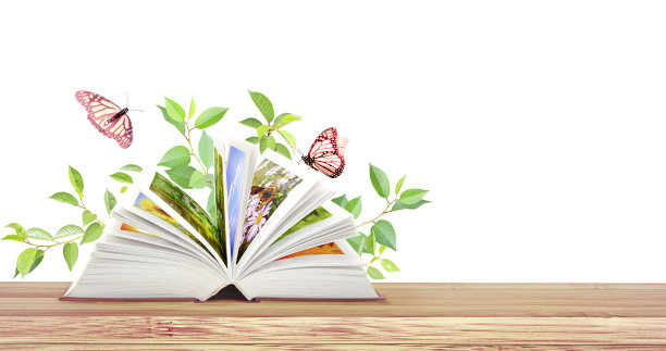 自然的书。横面横幅，书打开，木桌上有两只黑脉金斑蝶图片下载