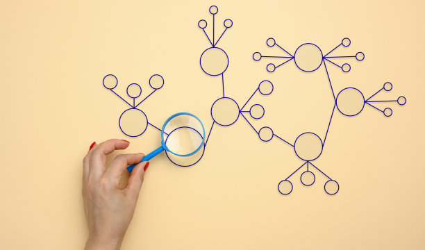 一个女人的手拿着一个放大镜在米色的背景上。自动化业务流程图片下载