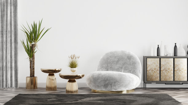 白色室内与沙发和植物3d渲染素材图片