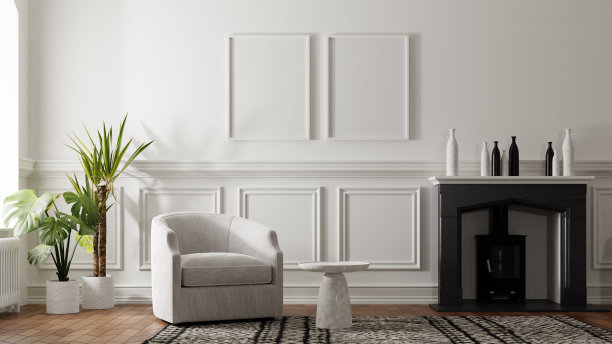 相框模型在白色豪华客厅与壁炉和沙发。三维渲染图片下载