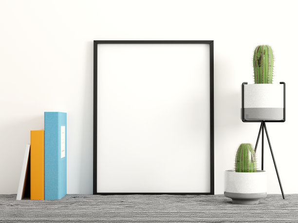 3d渲染框架照片模型与书和仙人掌在白色的房间图片下载