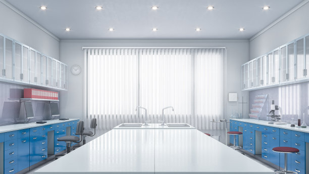 实验室工作场所内部与模糊的背景。三维演示图片下载