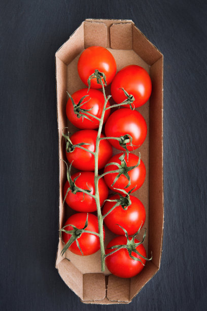 新鲜的红色樱桃番茄枝，有机包装上的黑色背景，俯视图。垂直的照片。图片下载