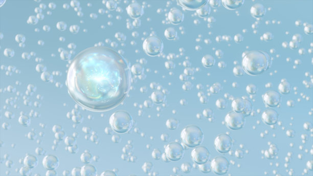 3D渲染化妆品蓝色血清泡沫散焦背景。图片下载