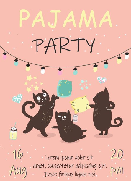 睡衣派对的邀请，3只猫嬉戏，枕头大战，心形，鸡尾酒，星星，花环。图片下载
