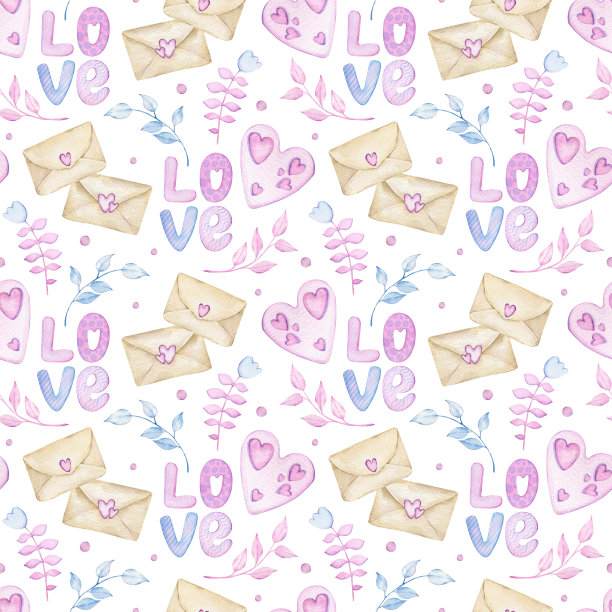 带有心形和花卉元素的复古信封。水彩情人节背景信。无缝模式。图片下载