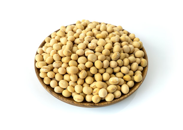 大豆在木盘孤立白背景图片下载