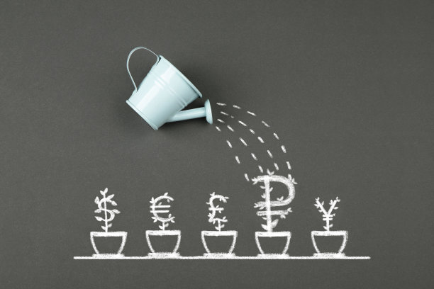 喷壶和货币符号在花盆里生长图片下载