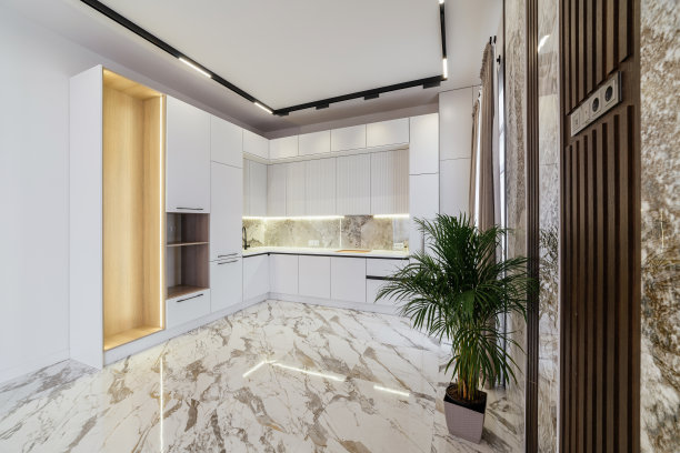 新的白色厨房内部与瓷砖和灯光图片下载