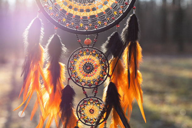 手工捕梦器，羽毛线和珠子绳挂图片下载