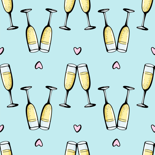 香槟杯无缝涂鸦图案。欢呼声向量插图在蓝色的背景。情人节贺卡，周年庆典图片下载
