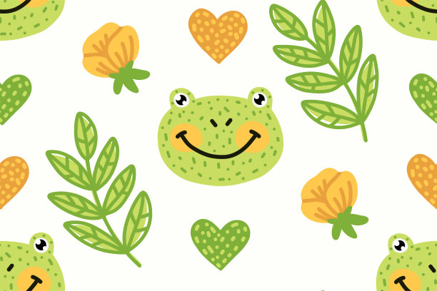 青蛙的模式。可爱的向量无缝模式与卡通微笑的绿色青蛙，黄色的玫瑰花，小树枝和心。图片下载