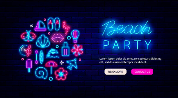 沙滩派对霓虹灯宣传单。圆模板晋升。季节海洋傍晚概念。向量股票插图图片下载
