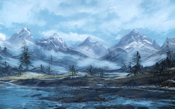 神奇的冬季史诗山的神奇景观。冰冻的性质。山上的冰川。神秘的山谷。艺术油画。艺术品草图。游戏背景。书籍封面及海报图片下载