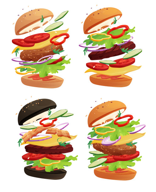美味的飞行汉堡，辣椒，番茄，奶酪，黄瓜，肉，洋葱，番茄酱和沙拉。与芝麻包。卡通矢量插图。图片下载